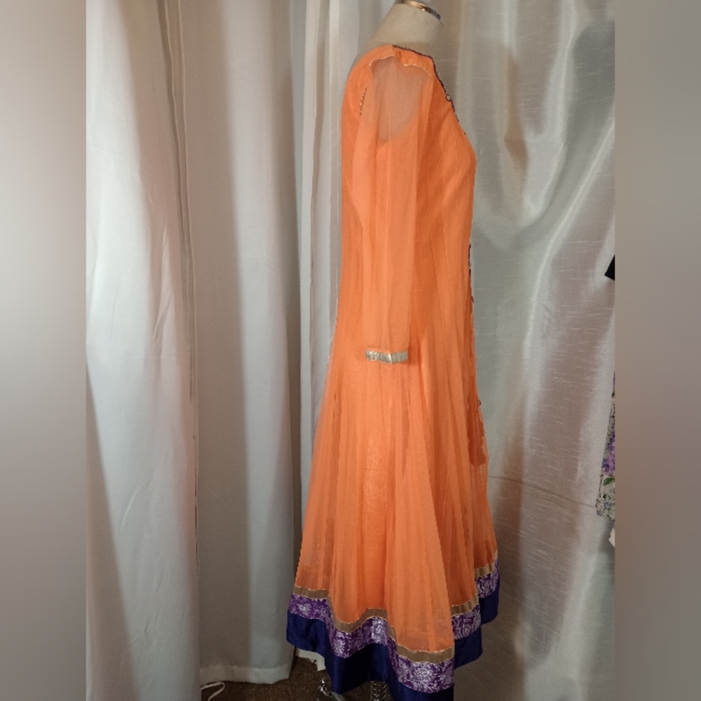Halloween  Beaded Indian Maxi Dress, Orange, Purple floral, gold satin trim, L - Picture 10 of 12
